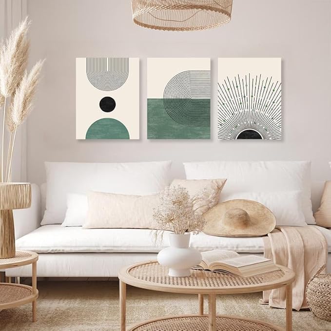 Sage Green Boho Wall Art, KBKBART Abstract Framed Canvas Wall Art for Living Room, Minimalist Beige Green Sun Geometry Black Line Artwork Paintings, Modern Sage Green Boho Room Decor, Green Wall Decor