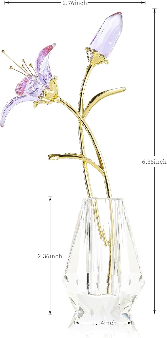 Crystal Lily Figurine, Glass Flowers with Stem,Flower Collectible Gifts for Woman, Wedding Party Decor(Purple)