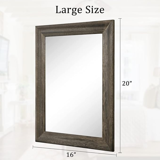 Retro Wall Mirror with Wood Framed Large Rectangle Hanging Mirrors 20"x16" Decorative for Bathroom Bedroom Living Room
