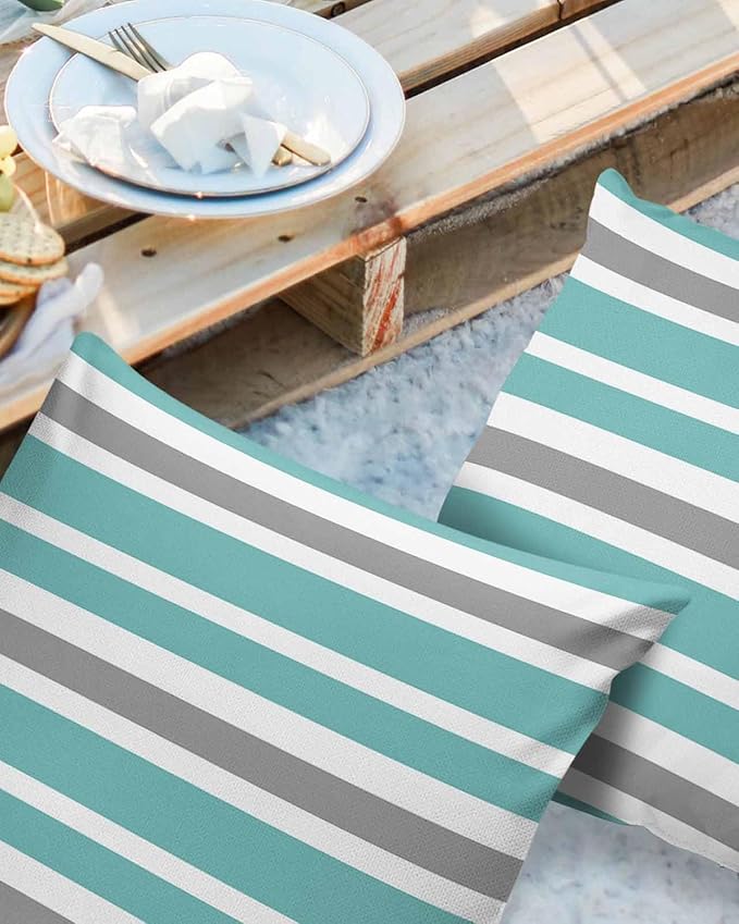Outdoor Waterproof Throw Pillow Covers Set of 2 Grey Teal Stripes Decorative Outdoor Pillows Cushion Case 24x24 Inch Classic Striped Patio Pillows for Couch Sofa Bed Garden Office Home Decor
