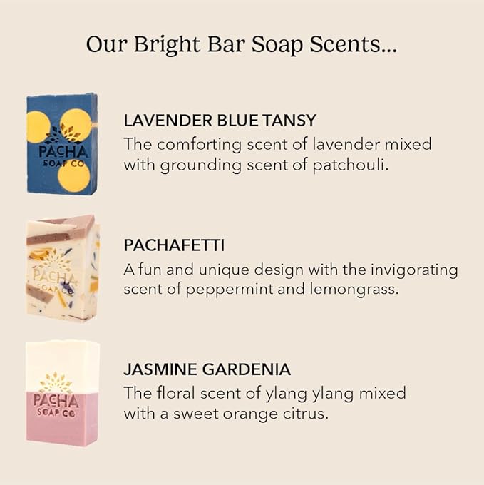 Pacha Bright Suds Bar Soap 3 Pack | Premium, Handcrafted, Hydrating | Natural Face Wash, Hand Cleanser, Body Wash | Soothing Essential Oils, 4 oz