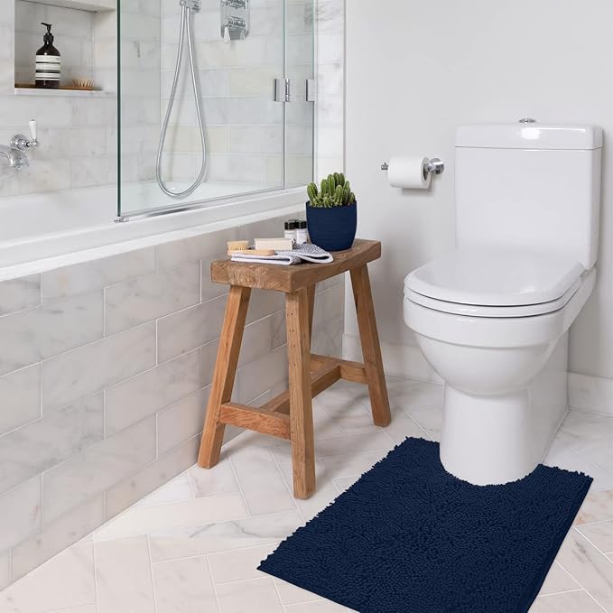 Bathroom Rugs Sets 2 Piece, Luxury Chenille Bath Mat Set, Soft Plush Anti-Slip Bath Rug + U-Shaped Toilet Mat. Microfiber Shaggy Carpet, Super Absorbent (24” x 36” & 20” x 24” U, Navy)
