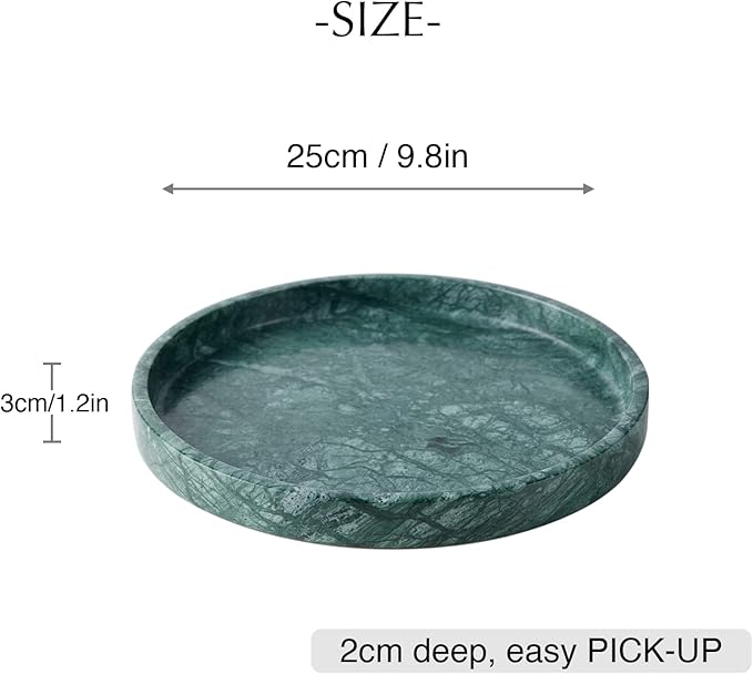 Italian 100% Marble Round Vanity Tray 10'', Decorative & Fruit Serving Trays for Bathroom, Kitchen, Nightstand, Jewelry Ring Dish Holder, Table Accents Decor, Green