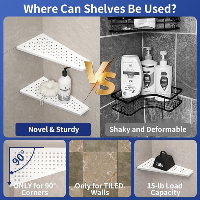 Corner Shower Shelf, 12" Trapezoid Bathroom Shelf 304 Stainless Steel Grout in Shelf for Tiled Wall, No Drilling Needed (White, 12"-2 Pack)