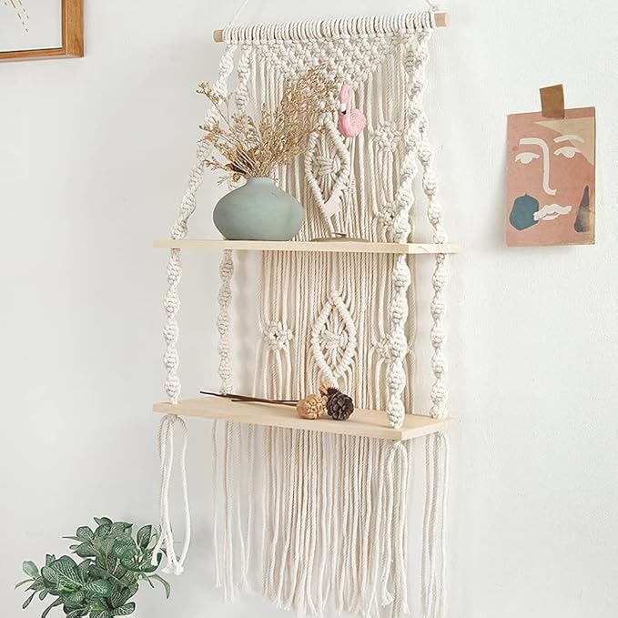 Macrame Wall Hanging Shelf Tassel Woven Macramé Shelves,Boho Wall Hanging Shelves for Small Plants Photo Frames,Home Living Room Bedroom Balcony Decor (2T)