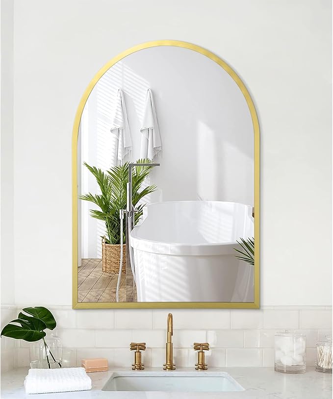 Arched Wall Mirror Aluminum Alloy Frame Bathroom Mirrors Brushed Metal Vanity Wall Mounted Mirror for LivingRoom Bedroom Entryway Room Home Decor 26"x18"