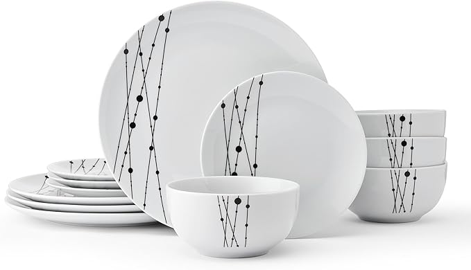 Studio Nova Linear Symphony 12 Piece Dinnerware Plate Bowl Set, Service for 4