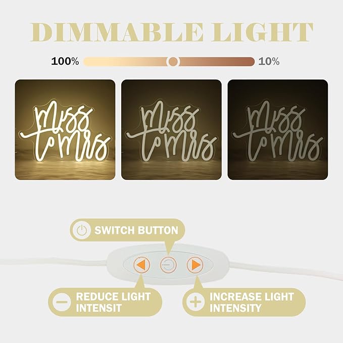Miss to Mrs Neon Sign for Bridal Shower Decor Dimmable Led Wedding Neon Sign for Backdrop, Miss to Mrs Neon Light for Wall Decor Warm White Party Banner Bridal Shower Decoration