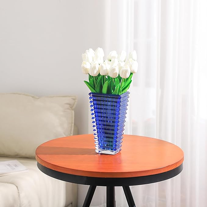 MCMCNCUIU Crystal Vase, Large Crystal Vases for Flowers, Large Flower Vase, Modern Blue Vases for Living Room, Bedroom, Kitchen, Dining Table, Mantle, Wedding, 9 Inches