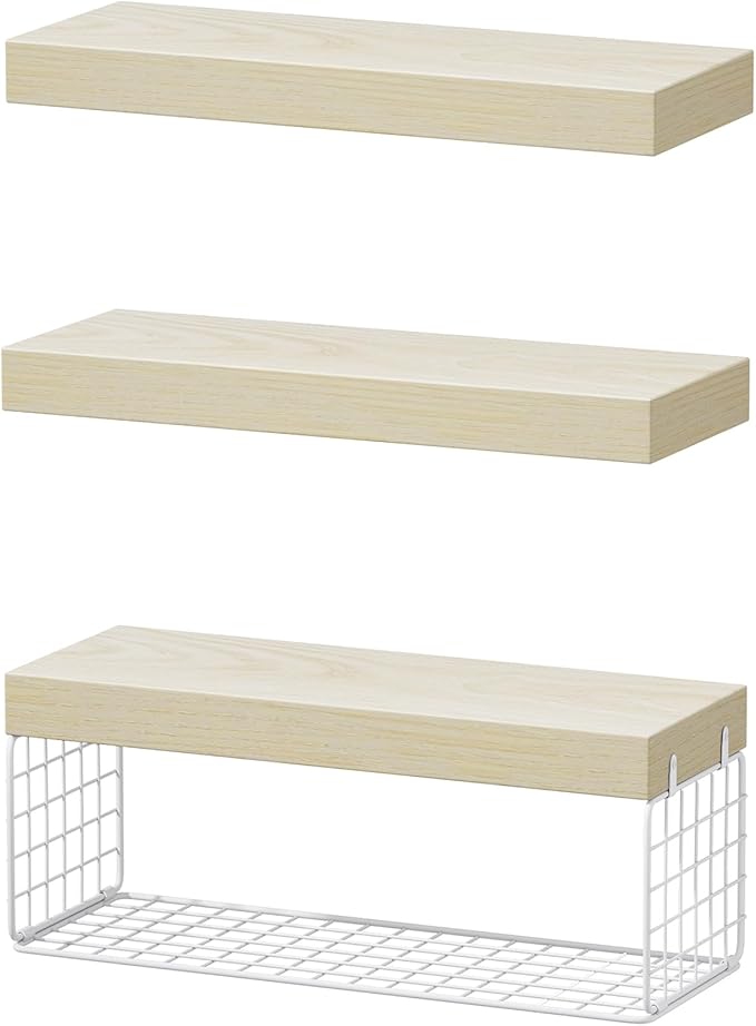 QEEIG Bathroom Shelves Over Toilet - Wall Mounted Floating Shelves Toilet Paper Storage Small Farmhouse Decor Shelf 16 inch Set of 3, Natural (019-BNW3)