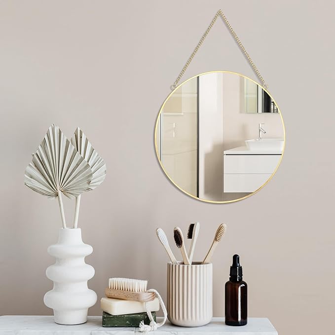 LONGWIN Hanging Wall Circle Mirror Decor Gold Geometric Mirror with Chain for Bathroom Bedroom Living Room 11.8"
