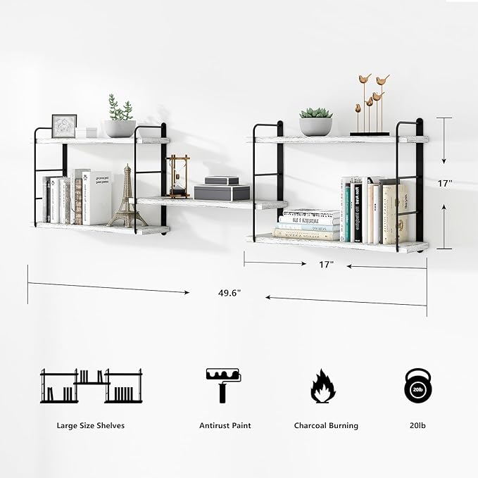 Wall Mounted Floating Shelves, Wall Shelves, Rustic Wall Decor Wood Shelves for Bedroom, Living Room, Bathroom and Kitchen Storage, Easy Installation (5, Washed White)