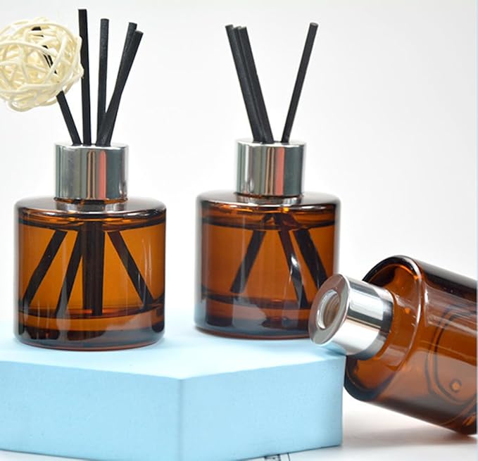 2Pcs 50Ml/1.7oz Empty Amber Round Glass Diffuser Bottles with Silver Cap Refillable Essential Oil Jars Containers Fragrance Accessories Use for DIY Crafts Decor (Diffuser Sticks Excluded)