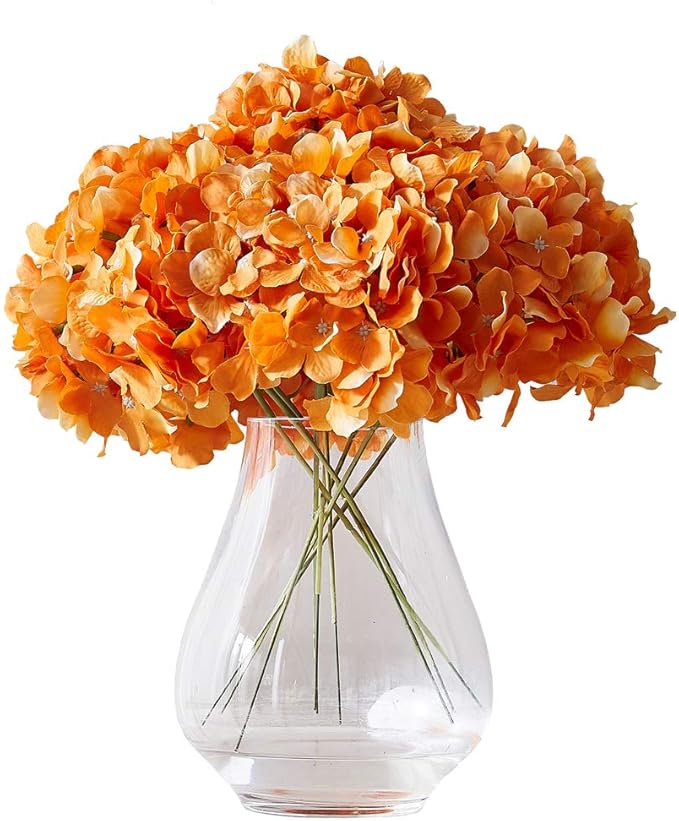 Orange Hydrangea Silk Flower 10 Heads Artificial Hydrangea Silk Flowers for Wedding Centerpieces Bouquets DIY Floral Decor Home Decoration with Long Stems
