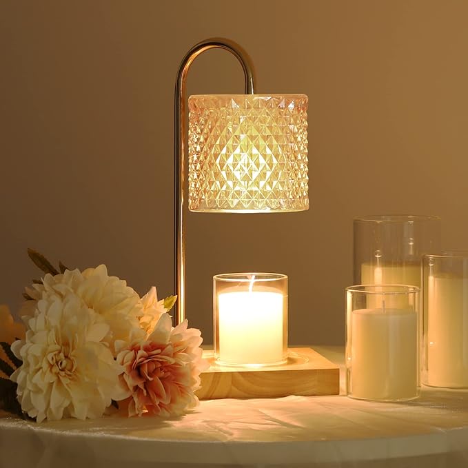 Candle Warmer Lamp, Candle Lamp Wax Warmer Heating, Timer & Dimmer 7-Levels, Fits Cup Jar Candle, Top Melting, Crystal Heater Lamp for Scented Wax, Elegant Home Decor, Amber Glass