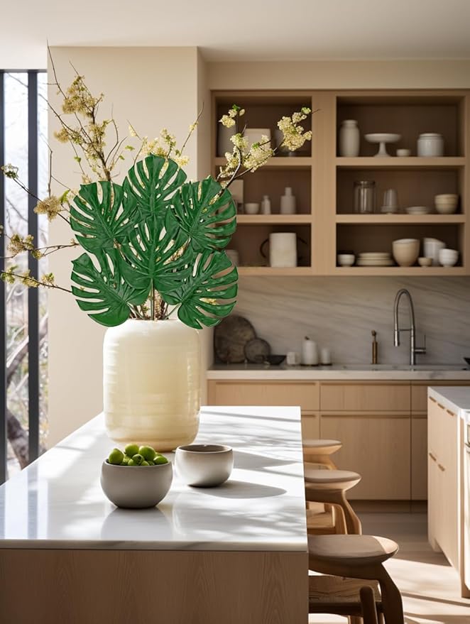 DILATATA 6 Pack Artificial Monstera Leaves with Long Stem for Vase - Fake Tropical Plants Palm Leaves Realistic Philo Turtle Leaves for Home Wedding Party Decor - Medium