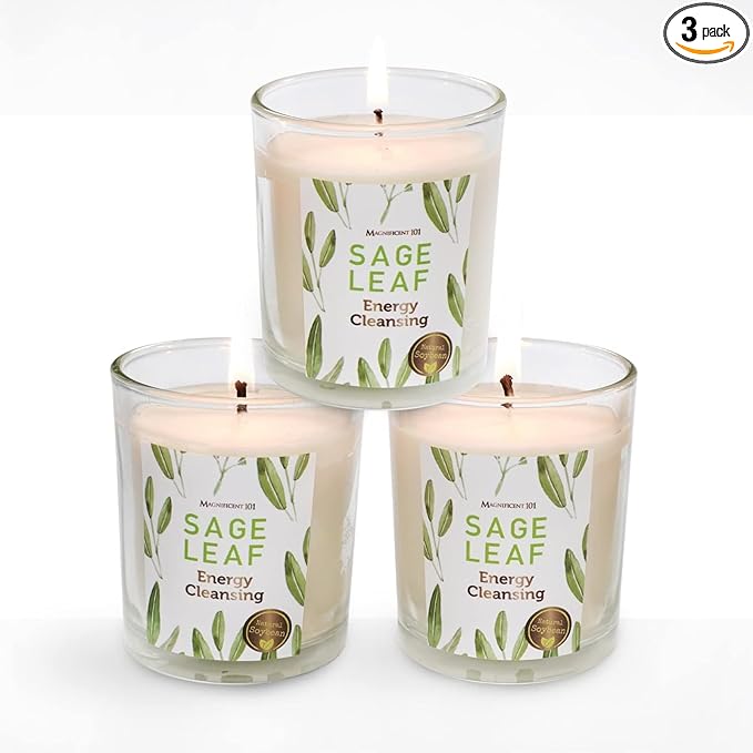 Magnificent 101 Long Lasting Set of 3 White Sage Leaf Scented Smudge Candle | 3.5 Oz Each - 42 Hour Burn | Soy Wax Candle for Energy Cleansing & Manifestation