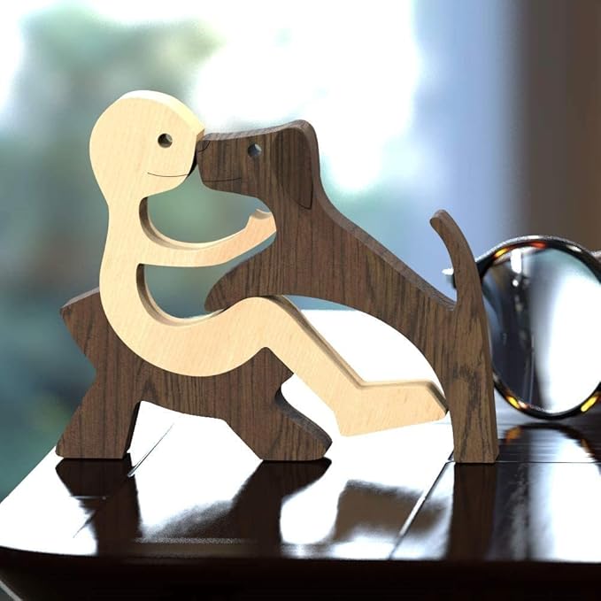 Unique Gift Hand Carved Wooden Man and Dog Statue, Wood Human Dog Figurine Sculpture Home Office Décor, Remember Friendship Between Dog and People (Relaxing Man and Dog)