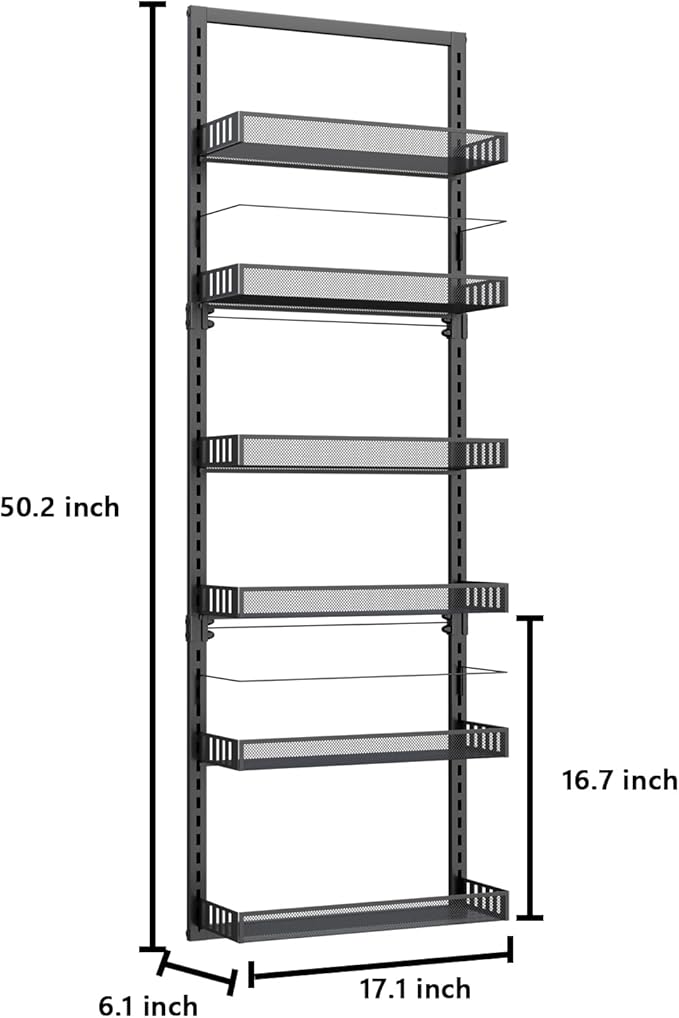 Wall Mounted Spice Rack Over the Door Pantry Organizer 6 Tier Large Wire Baskets Set Kitchen Bathroom Heavy-Duty Metal Adjustable Shower Caddy Storage shelves 50" H x 6" D x 17" W