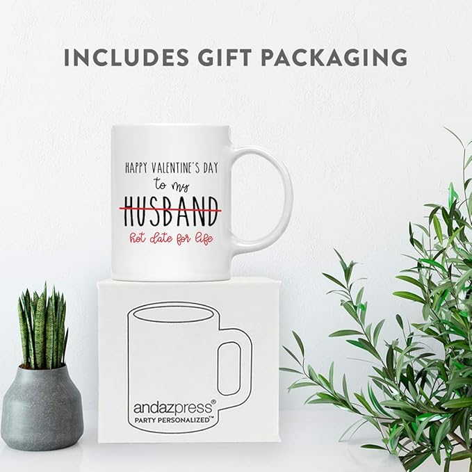 Andaz Press Valentine’s Day Funny 11oz. His Her Couples Coffee Mug Gift, Happy Valentine's Day To My Husband Hot Date For Life, 1-Pack, Gift Box