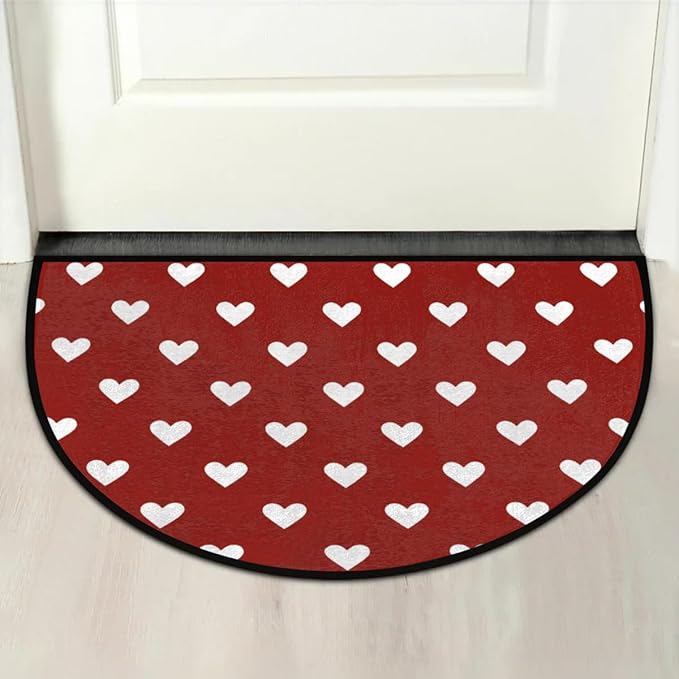 Half Round Doormat Red Love Rug Valentine's Day Decorative Mats Gifts Half Moon Kitchen Mat Non-Slip Bathroom Doormat Washable for Living Room Bedroom Rug