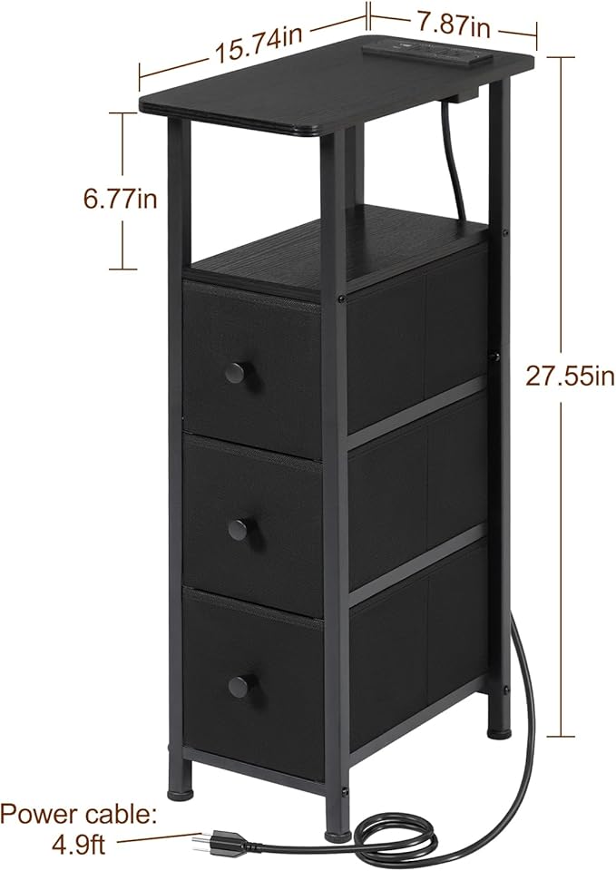 Narrow End Tables Living Room Set of 2 with Charging Station, Skinny Side Table with Fabric Drawers, Slim Nightstand for Bedroom, Small Spaces, Couch, Black, HETNDP03BK