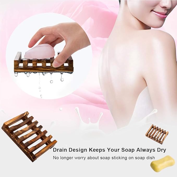 Soap Dishes, Wooden Soap Holder for Bathroom/Shower, Bar Soap Case with Slanted Waterfall Design, Self Draining Soap Saver for Shower, Kitchen, Sinks, Sponge, Scrubber (Wood 1 Pack)
