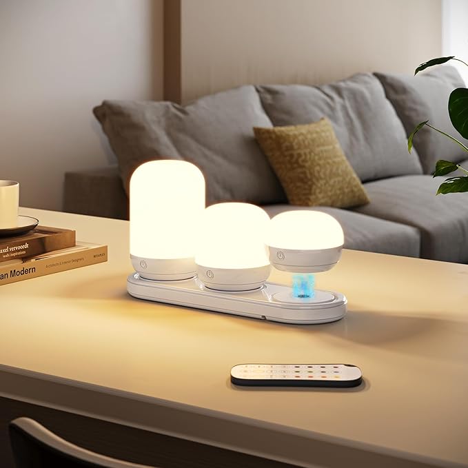 SUNMORY Rechargeable Night Light, Table Lamp for Bedroom, Dimmable Bedside Lamp with Magnetic Charging Station, Small Nightstand Lamp, LED Night Lights with 12 RGB Colors, Timer & Remote Control
