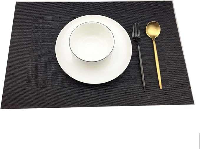 Gugrida Vinyl Black Placemats Heat Resistant Dining Table Mats Non-Slip Washable Place Mats Set of 6 (Black)