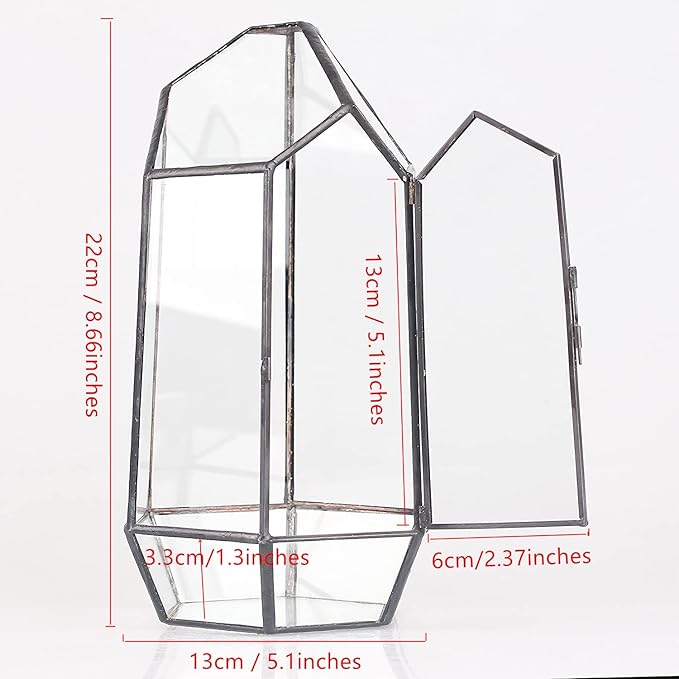 NCYP Small 5.1" x 5.1" x 8.66" Irregular Geometric Glass Terrarium Planter with Door - Home Tabletop Display Container Pot for Succulents, Cacti - Indoor Clear Decor, Black (No Plants)