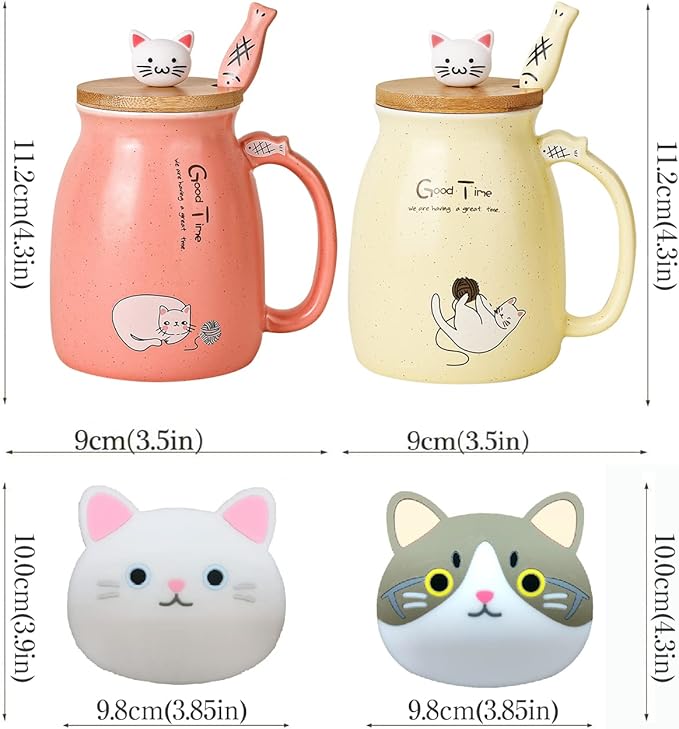 SHENDONG 2 Pack Cat Mugs Cute Ceramic Coffee Cups Set of 2 with Kawaii Bamboo Lid and Spoon Novelty Morning Cup Coffee Milk Tea Mugs - 3D Animal Cat Mugs for Cat Lovers Women Gifts(Red and Yellow)