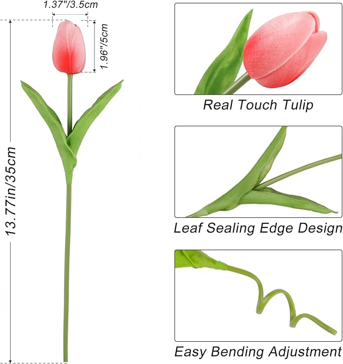 Beferr 18pcs Tulips Artificial Flowers Faux Tulip Real Touch Tulip Fake Flowers Bouquets Arrangements for Mothers Day Spring Easter Wedding Home Table Decor Coral Pink
