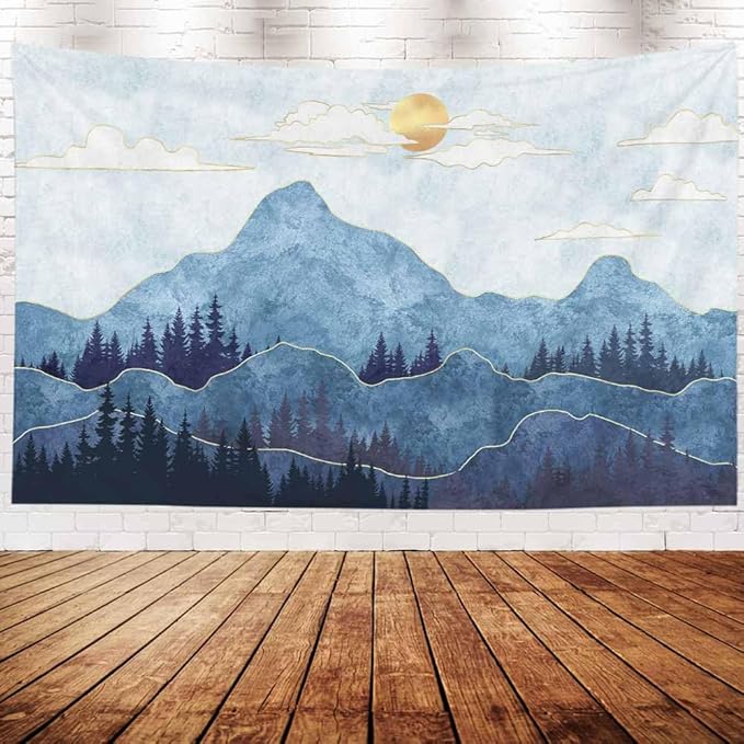 EMMTEEY Mountain Tapestry Wall Hanging Mountains Trees with Gold Sun Wall Hanging Tapestry 92.5X70.9 Large Wall Art for Bedroom Christmas Backdrop Home Wall Decor