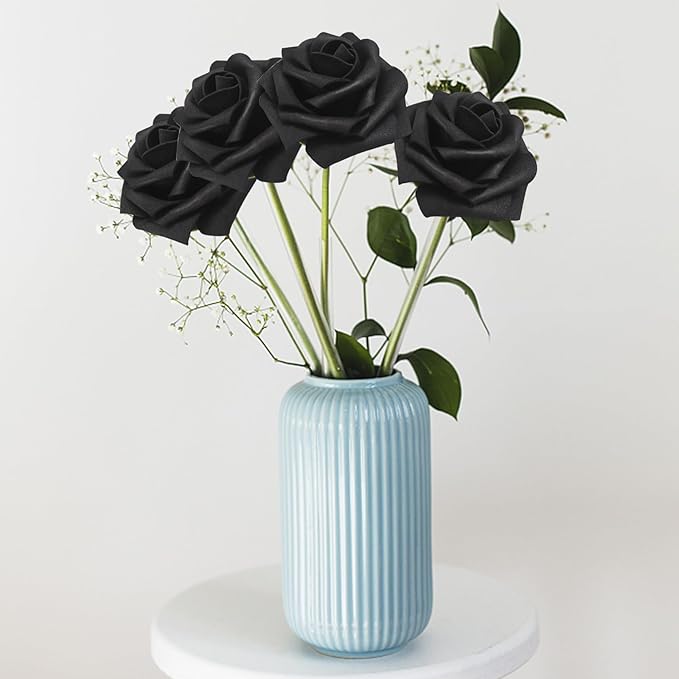 200PCS Black Artificial Flowers Roses Real Looking Foam Fake Roses with Leaves for DIY Wedding Bouquets Bridal Shower Party Decorations (Black, 200)