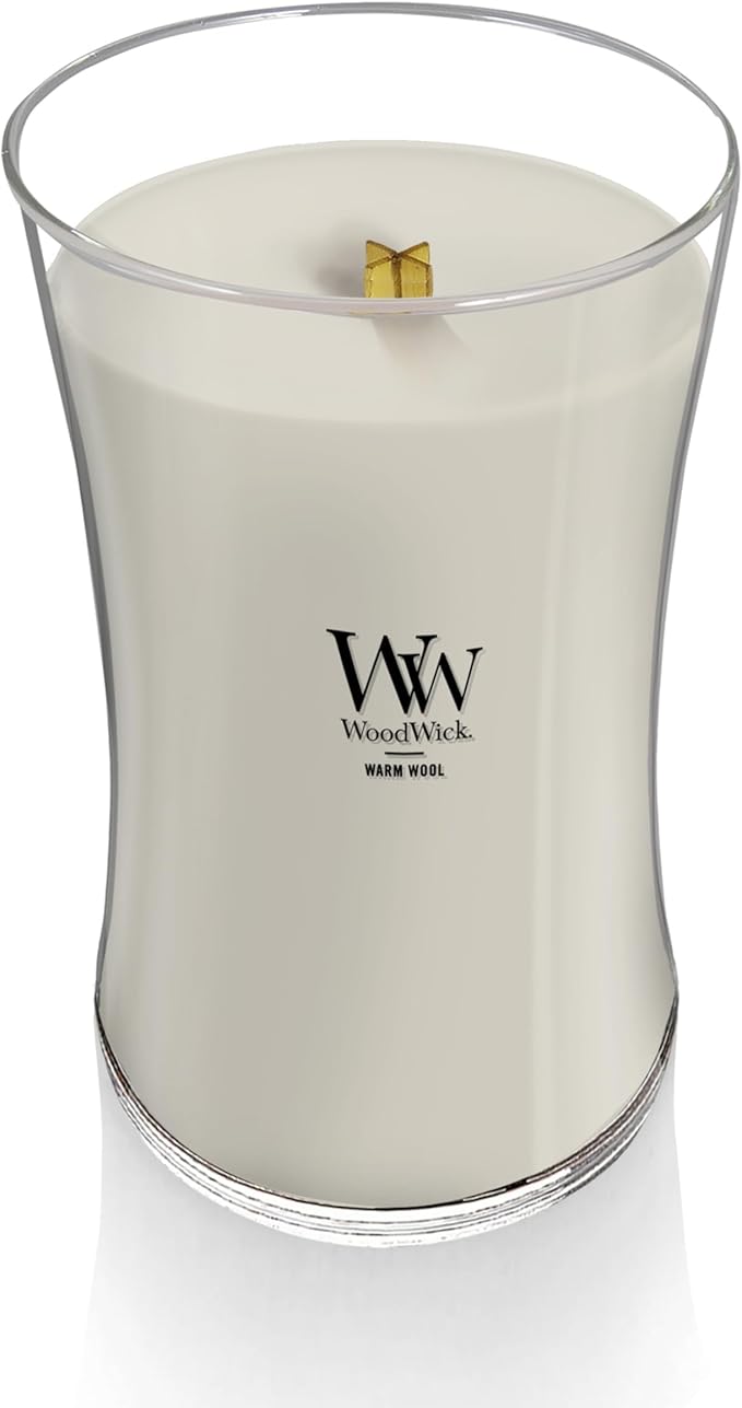 WoodWick Warm Wool Scented Hourglass Candle, Large 21.5 oz, with Crackling Pluswick Innovation, Up to 130 Hours of Smooth Soy-Paraffin Blend Burn Time