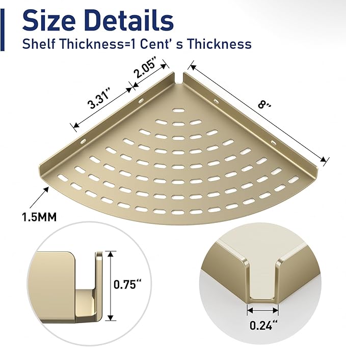 Corner Shower Shelves 304 Stainless Steel Brushed Gold 8in Corner Shower Shelf Drilling Installation Strong Load-Bearing Capacity