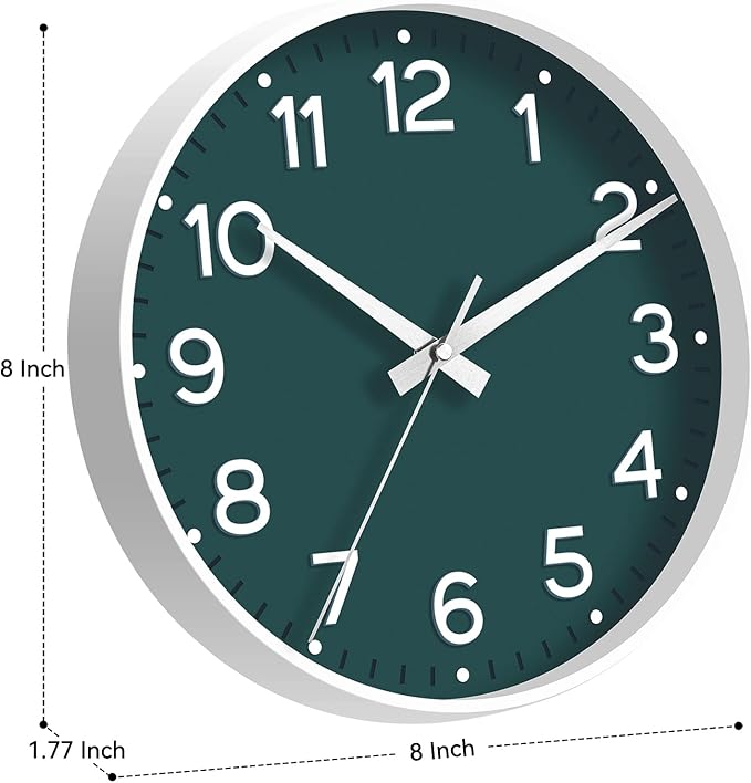 Wall Clock, Silent Wall Clocks Battery Operated 8 Inch-Modern Non Ticking Analog Clock Decorative for Kitchen Office Bathroom Bedroom(Deep Green)