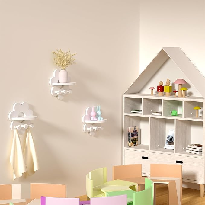 Floating Shelf for Wall, Hanging Display Wall Shelf with Hooks Wooden Daisy Flower Shelf for Bathroom Living Room Bedroom Wall Decor, White