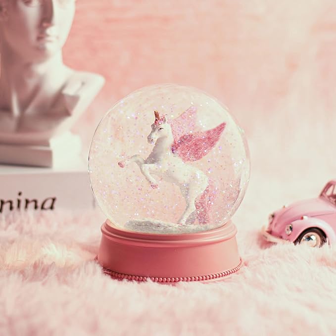 Unicorn Snow Globes for Girls, 100MM Pink Glitter Glass Snowglobe, Christmas Birthday Gifts for Friends, Wife(Pink)