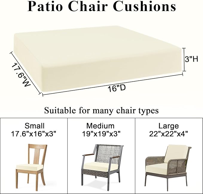 Topotdor Patio Chair Cushions Set of 2,Waterproof Outdoor Chair Cushions with Fade Resistant Removable Cover with Adjustable Straps for Patio Furniture Garden Sofa Couch,17.6"x16"x3" Beige