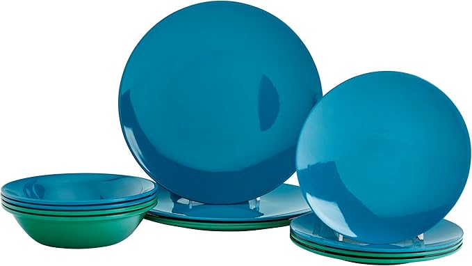 Tabletops Gallery 12 Piece Green Blue Melamine Dinnerware Set Plates Bowls for Indoor Outdoor Use, Service for 4, Tropical