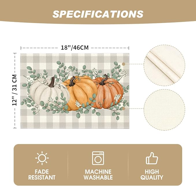 Artoid Mode Orange Pumpkins Eucalyptus Leaves Fall Placemats Set of 6, 12x18 Inch Seasonal Autumn Table Mats for Party Kitchen Dining Decoration