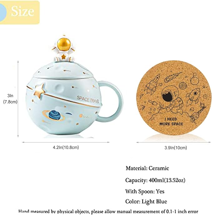 Kawaii Astronaut Cup Space Embossed Planet Mug, Cute Ceramic Coffee Mug, Novelty Mug with Lid and Spoon for Coffee, Tea, Milk, Aesthetic Room Decor Funny Gift for Girl Boy Women (Blue)