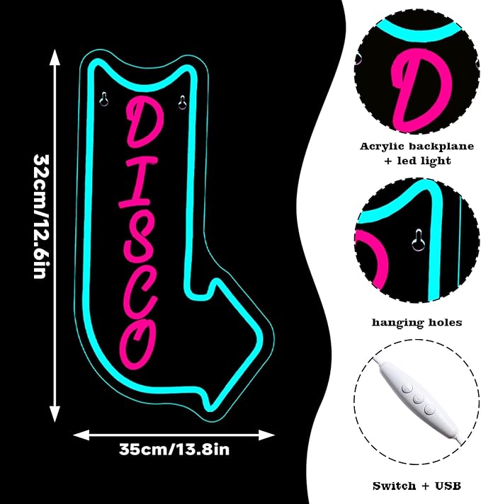 Looklight Disco Neon Signs for Wall Decor Pink Blue LED Word Light Sign Right-Pointing Arrow Neon Light USB Light Up Letters Sign for Disco Lover Music Bar Music Studio Rec Room Bedroom Party Decor