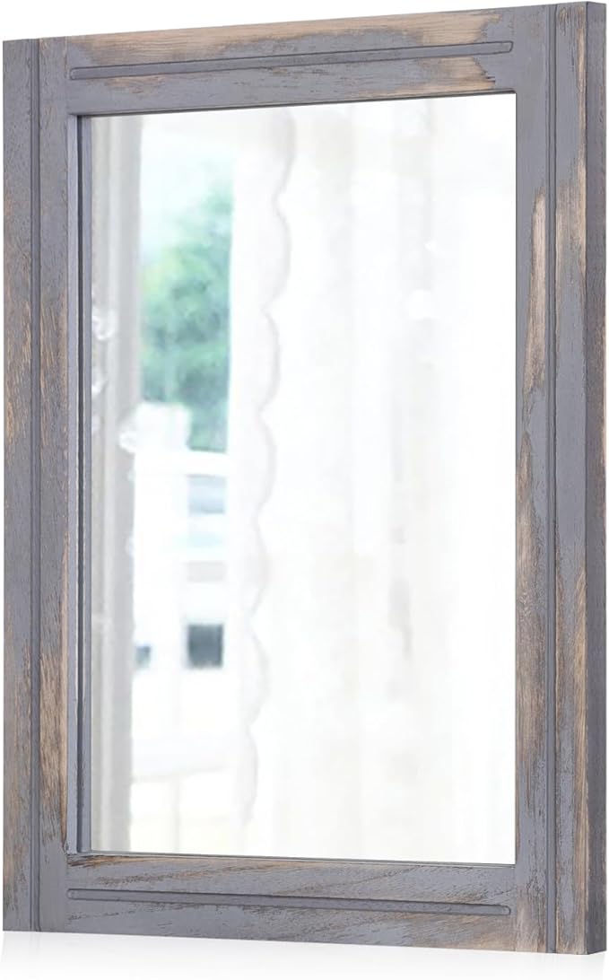 AAZZKANG Wood Framed Mirror Rectangular Rustic Wall Mirrors Decorative Large 28"x20" for Farmhouse Bathroom Living Room Bedroom Grey