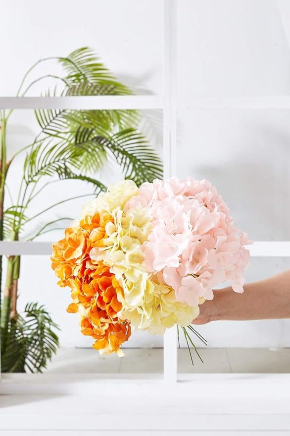 Orange Hydrangea Silk Flower 10 Heads Artificial Hydrangea Silk Flowers for Wedding Centerpieces Bouquets DIY Floral Decor Home Decoration with Long Stems