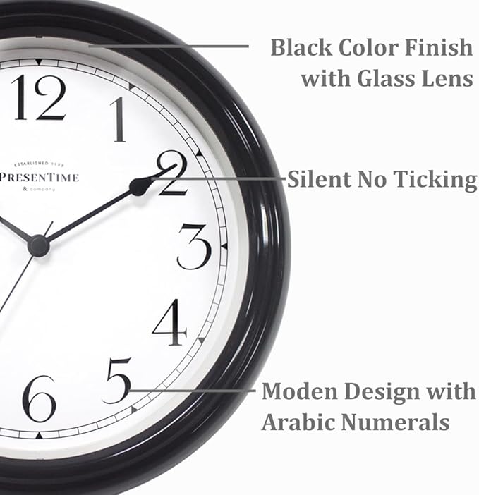 Presentime & Co Chic Home Collection 10" Molly Clock, Silent No Ticking, Black Color. Modern Decorative Wall Clock for Kitchen, Kid's Room, Bathroom, Bedroom, and Office