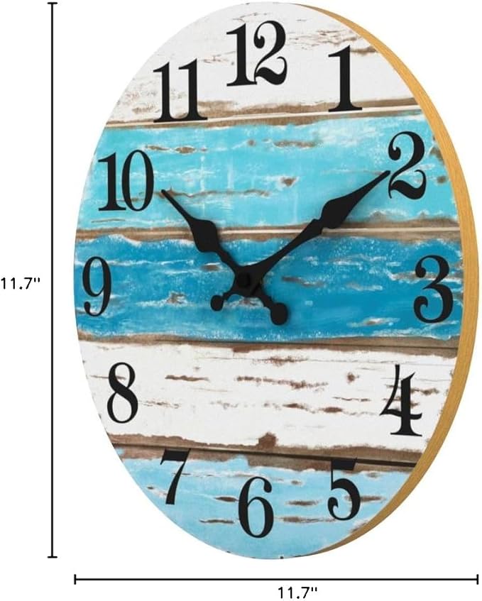 Beach Themed Blue Wall Clocks Battery Operated Silent Non-Ticking, Vintage Round Rustic Coastal Nautical Clock Decorative for Home Kitchen Living Room Office Bathroom Bedroom(10 Inch)