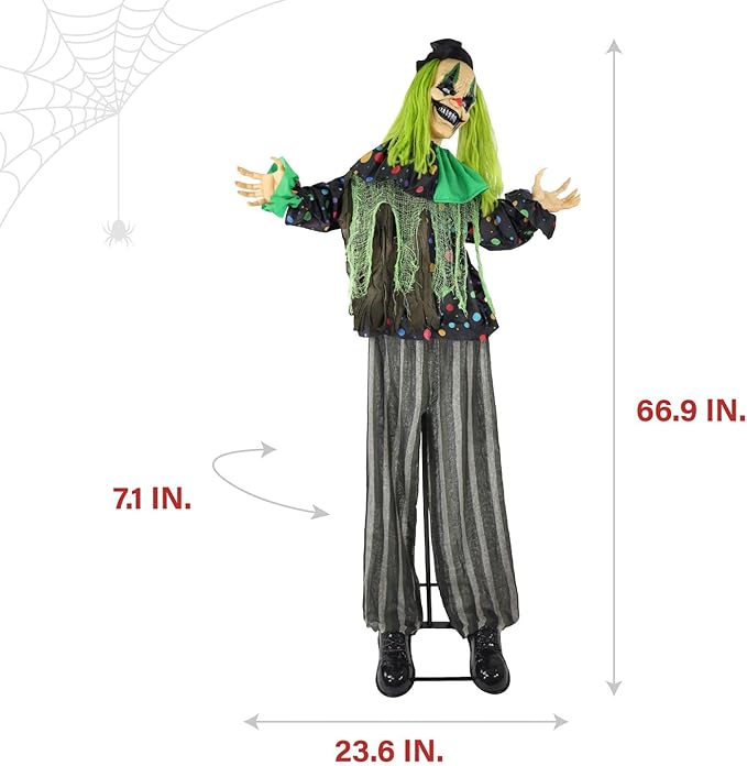 Haunted Hill Farm Lifesize Animatronic Scary Talking Clown with Touch Activated Lights and Sound, Battery-Operated Indoor or Covered Outdoor Halloween Decoration