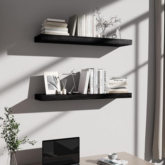 Habudda Floating Shelves, Wall Hanging Wood Shelf for Rustic Home Decor, Bathroom, Bedroom, Kitchen Display, Natural Wood, Invisible Bracket, 30", 2-Pack (Black, 30"×6.7"×1.6")